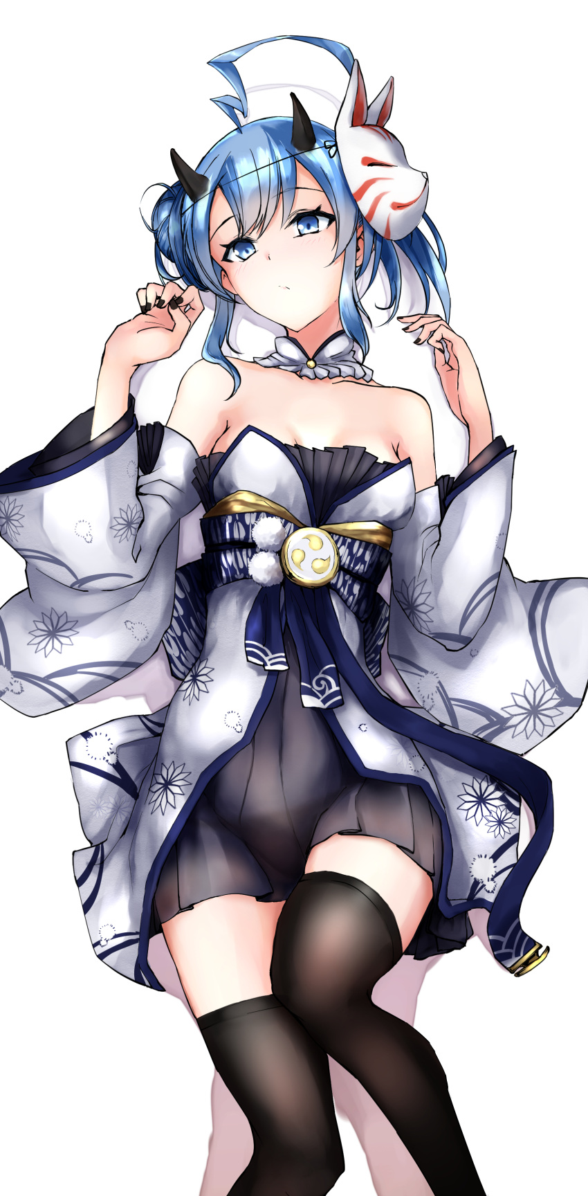 1girl absurdres ahoge azur_lane bangs bare_shoulders black_legwear black_nails blue_eyes blue_hair breasts choker closed_mouth collarbone commentary_request detached_sleeves dress feet_out_of_frame floral_print fox_mask from_above hands_up highres holiday3345aaa98 inazuma_(azur_lane) japanese_clothes kimono light_blush looking_away lying mask mask_on_head medium_breasts nail_polish obi on_back oni oni_horns sash shadow sidelocks simple_background sleeveless sleeveless_dress solo thigh-highs tomoe_(symbol) white_background white_neckwear wide_sleeves zettai_ryouiki