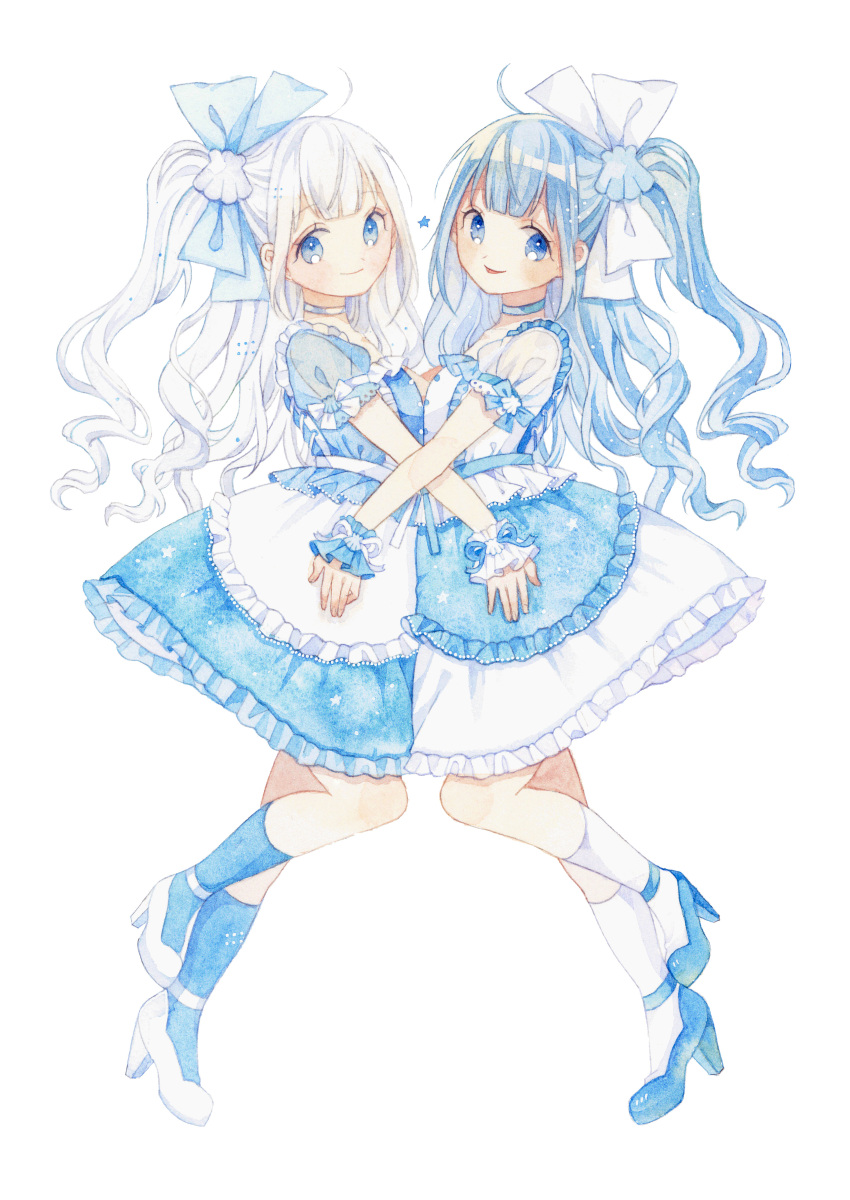 2girls absurdres ankle_strap apron blue_apron blue_bow blue_choker blue_eyes blue_footwear blue_hair blue_legwear blue_ribbon blue_shirt blue_skirt bow choker commentary_request frilled_apron frilled_cuffs frilled_skirt frills from_side hair_bow high_heels highres hug lolita_fashion long_hair looking_at_viewer multiple_girls one_side_up original ribbon shirt short_sleeves siblings simple_background skirt smile socks star traditional_media twins uni_(setsuna_gumi39) watercolor_(medium) wavy_hair white_apron white_background white_bow white_choker white_footwear white_hair white_legwear white_ribbon white_shirt white_skirt wrist_cuffs wrist_ribbon