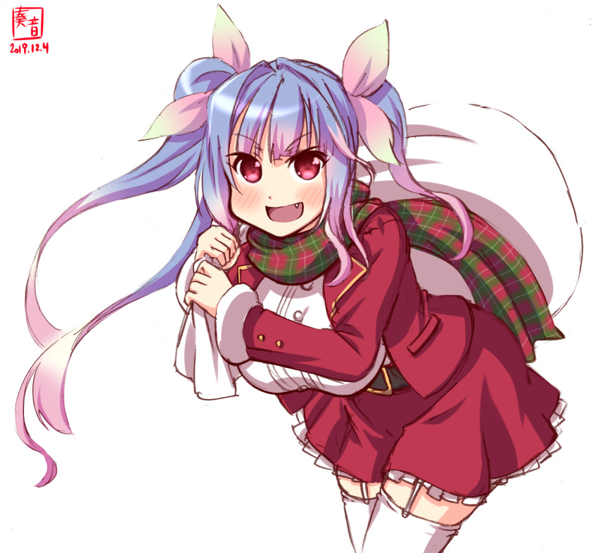 1girl alternate_costume artist_logo belt blue_hair breasts commentary_request cowboy_shot dated fang frilled_skirt frills garter_straps hair_ribbon highres i-19_(kantai_collection) kanon_(kurogane_knights) kantai_collection large_breasts leaning_forward long_hair looking_at_viewer plaid plaid_scarf pleated_skirt red_eyes red_skirt ribbon sack scarf shirt simple_background skirt smile solo thigh-highs tri_tails twintails white_background white_legwear white_shirt