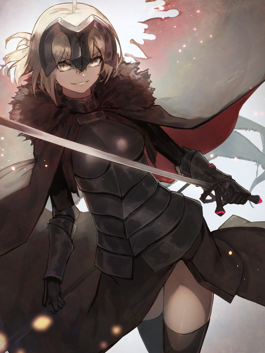 1girl absurdres ahoge aito bangs breasts cape commentary_request evil_grin evil_smile fate/grand_order fate_(series) gauntlets grin headpiece highres holding holding_sword holding_weapon jeanne_d'arc_(alter)_(fate) jeanne_d'arc_(fate)_(all) large_breasts looking_at_viewer short_hair silver_hair smile solo sword weapon yellow_eyes