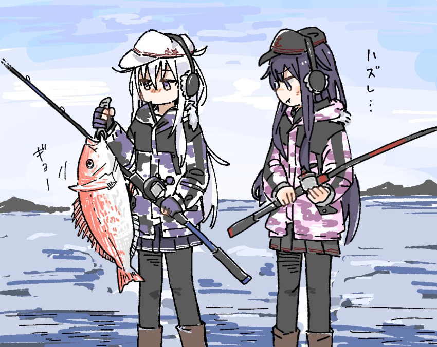 2girls akatsuki_(kantai_collection) anchor_symbol black_hair black_headwear black_legwear black_skirt boots commentary_request earmuffs fish fishing_rod flat_cap gloves hammer_and_sickle hat hibiki_(kantai_collection) hinata_hibari jacket kantai_collection long_hair multiple_girls partly_fingerless_gloves pleated_skirt skirt translation_request verniy_(kantai_collection) white_hair white_headwear