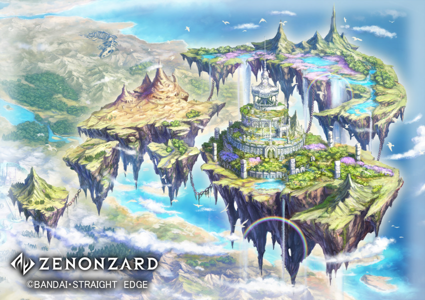 bird chain clouds company_name copyright_name day fantasy floating_island forest highres mountain nature official_art outdoors rainbow scenery shiki_makoto skeleton tower water waterfall watermark zenonzard