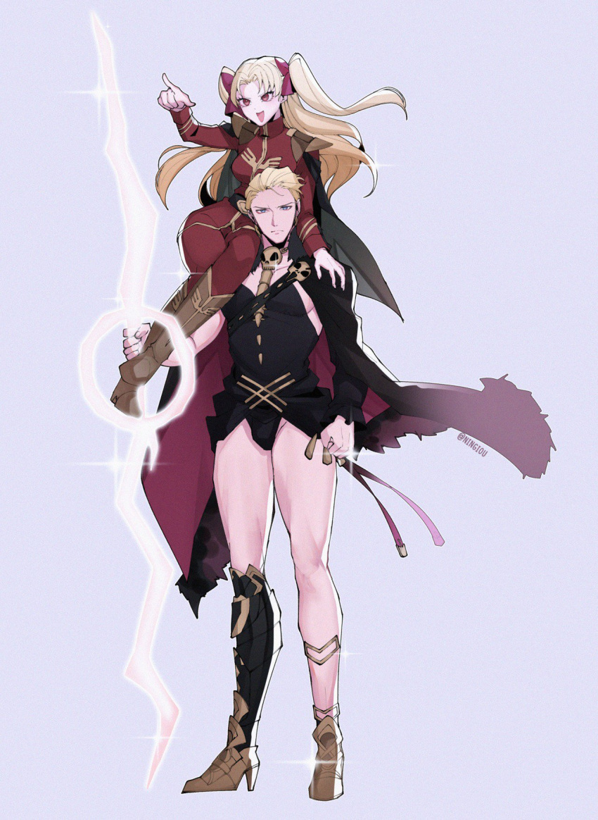 1boy 1girl asymmetrical_legwear belt belt_buckle black_belt black_cape black_legwear blonde_hair blue_eyes boots brown_footwear buckle cape cape_billowing carrying_over_shoulder char_aznable char_aznable_(cosplay) cosplay costume_switch detached_sleeves ereshkigal_(fate/grand_order) ereshkigal_(fate/grand_order)_(cosplay) fate/grand_order fate_(series) fur-trimmed_cape fur_trim gold_footwear grey_cape gundam hand_on_shoulder highres jacket knee_boots kyou_(ningiou) military military_uniform mobile_suit_gundam multicolored multicolored_cape multicolored_clothes pants red_cape red_eyes red_jacket red_pants shoulder_armor single_detached_sleeve single_thighhigh skull sparkle spine thigh-highs twintails twitter_username uniform zeon