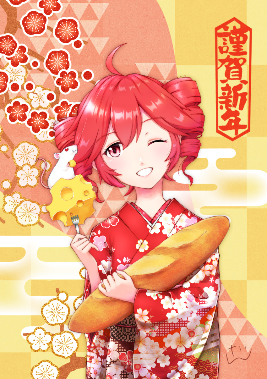 1girl absurdres ahoge baguette bread checkered checkered_background cheese cherry_blossom_print cherry_blossoms commentary drill_hair eating egasumi floral_print food fork hand_up head_tilt highres holding holding_food holding_fork japanese_clothes kasane_kein kasane_teto kimono light_blush looking_to_the_side mouse nengajou new_year one_eye_closed open_mouth red_kimono redhead short_hair smile swiss_cheese translated twin_drills upper_body utau white_fur