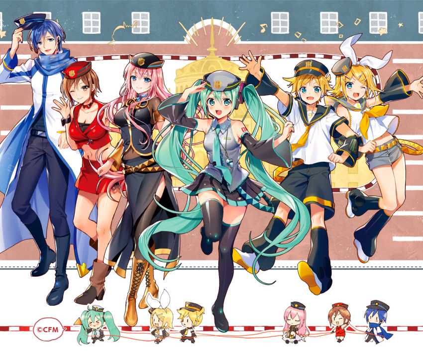 &gt;_&lt; 2boys 4girls :d aqua_eyes aqua_hair aqua_neckwear arm_tattoo bass_clef belt black_legwear black_pants blonde_hair blue_eyes blue_hair blue_scarf blush boots bow breasts brother_and_sister brown_hair chibi chibi_inset choker closed_eyes coat commentary_request copyright crop_top detached_sleeves eighth_note female_service_cap flag flat_chest full_body hair_between_eyes hair_bow hair_ornament hairclip hat hat_removed hatsune_miku headphones headset headwear_removed highres holding holding_flag holding_hat kagamine_len kagamine_rin kaito leg_warmers long_hair long_skirt looking_at_viewer medium_breasts megurine_luka meiko midriff midriff_peek mini_hat miniskirt multiple_boys multiple_girls murakami_yuichi musical_note navel neckerchief necktie number_tattoo one_eye_closed open_mouth outstretched_arm pants pink_hair pleated_skirt red_skirt rope_train sailor_collar salute scarf short_hair short_shorts shorts siblings side_slit sitting skirt sleeveless smile star tattoo thigh-highs thigh_boots train_station treble_clef triangle_mouth twins twintails v-shaped_eyebrows very_long_hair vocaloid waving whistle whistle_around_neck white_footwear window yellow_neckwear zettai_ryouiki |_|
