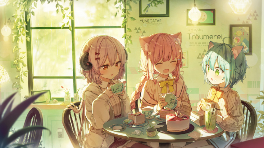 3girls :d ^_^ animal_ear_fluff animal_ears apron bangs black_skirt blue_apron blue_hair blurry blurry_foreground blush bow braid brown_eyes brown_shirt brown_skirt cake cat_ears chair closed_eyes collared_shirt commentary_request cup curled_horns demon_horns depth_of_field english_text eyebrows_visible_through_hair fang flower food frilled_skirt frills green_eyes hair_between_eyes hair_bow hair_flower hair_ornament hairclip highres holding holding_cup holding_food horns indoors jacket long_hair long_sleeves low_twintails macaron multiple_girls on_chair open_clothes open_jacket open_mouth original pantyhose parted_lips pink_hair plate red_bow romaji_text sandwich saucer shinoba shirt sitting skirt sleeves_past_wrists slice_of_cake smile table teacup teapot translation_request tray twin_braids twintails very_long_hair waist_apron white_flower white_jacket white_legwear window
