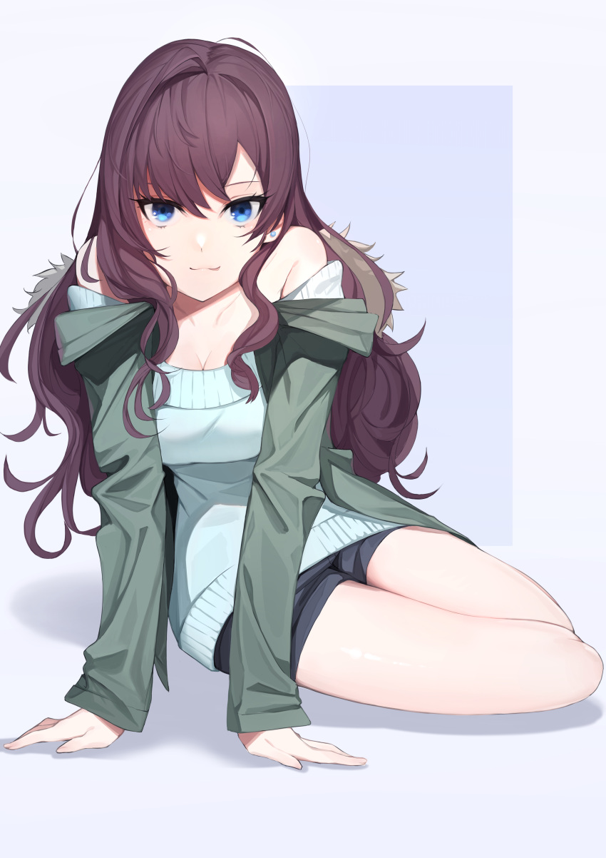 1girl :3 absurdres bangs black_shorts blue_eyes brown_hair closed_mouth earrings green_jacket grey_background hair_between_eyes highres ichinose_shiki idolmaster idolmaster_cinderella_girls idolmaster_cinderella_girls_starlight_stage jacket jewelry leaning_forward long_hair long_sleeves looking_at_viewer off-shoulder_shirt off_shoulder open_clothes open_jacket shadow shirt short_shorts shorts sitting smile solo sweater two-tone_background unchiganiowanai very_long_hair white_background white_sweater