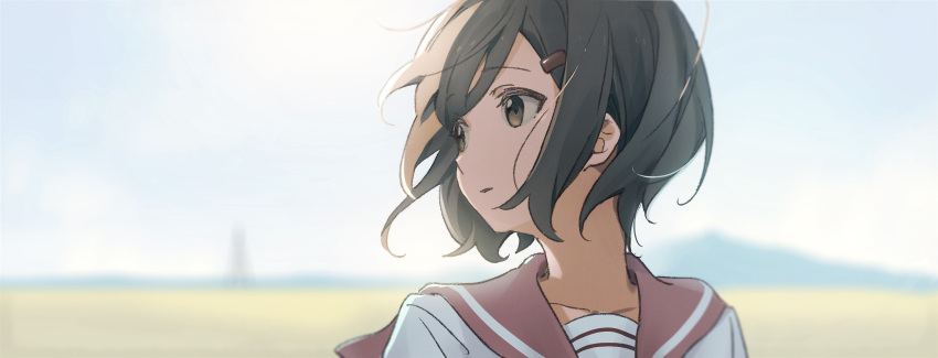 1girl blurry blurry_background brown_eyes commentary_request day hair_blowing hair_ornament hairclip highres hotechige looking_to_the_side otonone outdoors parted_lips school_uniform serafuku short_hair solo upper_body