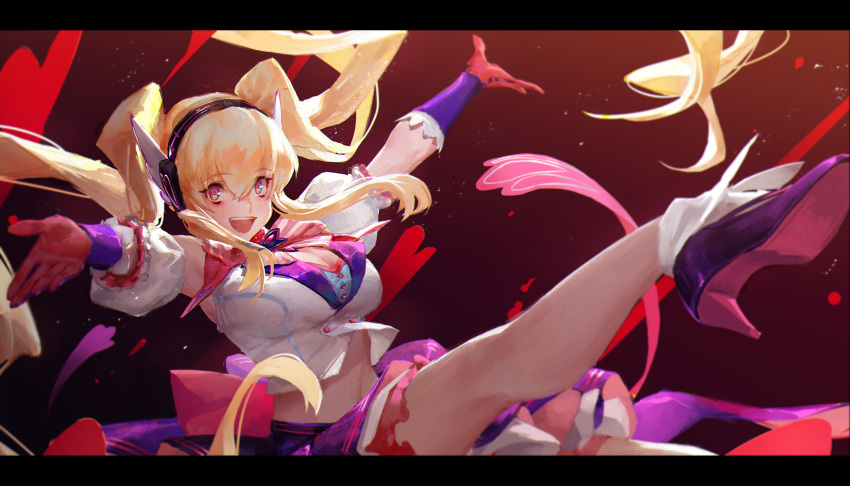1girl :d arms_up black_background black_footwear blonde_hair blue_skirt breasts gloves hair_between_eyes headset high_heels highres large_breasts melonplus midriff nonoin_nillon open_mouth red_gloves short_sleeves sidelocks skirt smile solo twintails zenonzard