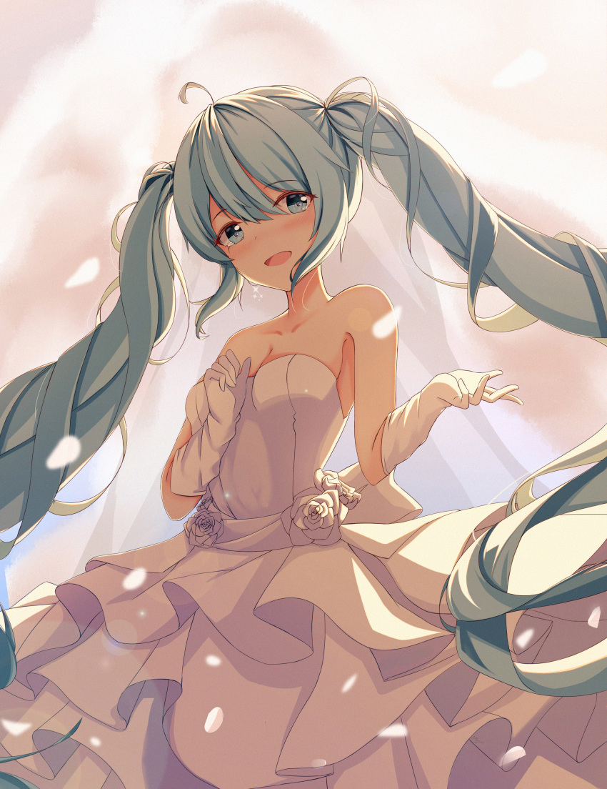 1girl absurdres ahoge backlighting bare_shoulders blush bride chinese_commentary collarbone commentary cowboy_shot dress dress_flower elbow_gloves gloves hand_up hatsune_miku highres huge_filesize layered_dress long_hair looking_at_viewer miyu10366 open_mouth petals reaching smile solo standing strapless strapless_dress twintails very_long_hair vocaloid wedding_dress white_dress white_gloves