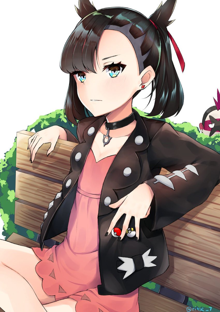 1girl absurdres aqua_eyes asymmetrical_bangs asymmetrical_hair bangs black_hair black_jacket black_nails blush breasts choker commentary dress earrings hair_ribbon highres holding holding_poke_ball jacket jewelry long_sleeves looking_at_viewer mary_(pokemon) open_clothes pink_dress poke_ball pokemon pokemon_(game) pokemon_swsh red_ribbon ribbon rinse_7 sitting solo_focus team_yell team_yell_grunt twintails