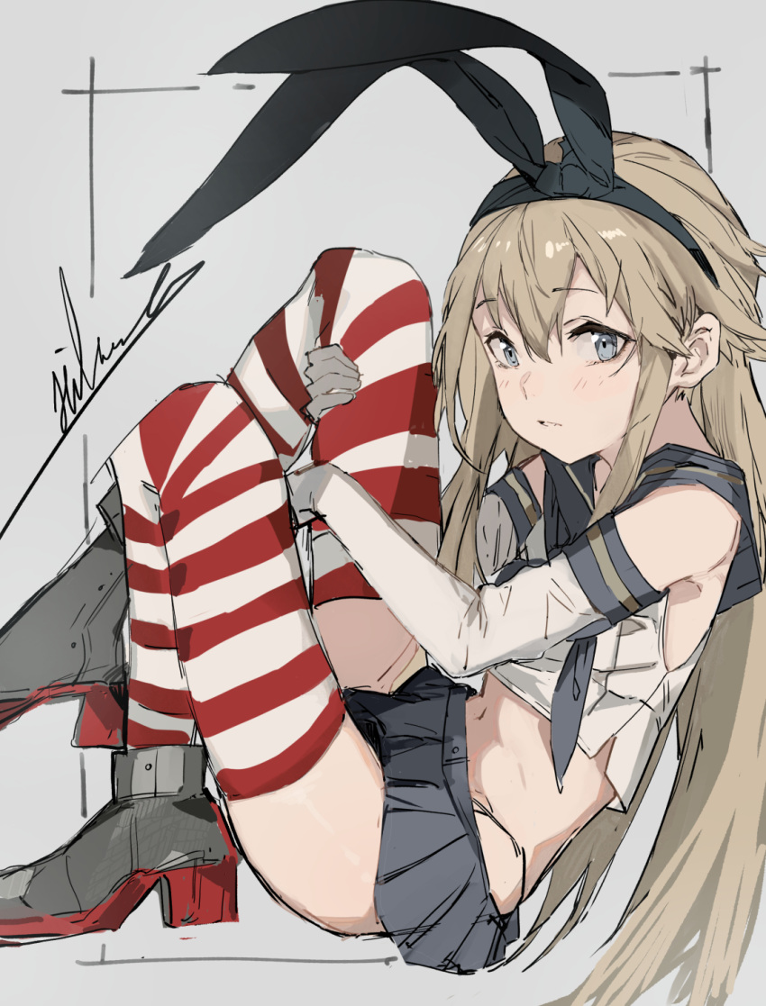 1girl black_hairband black_panties blonde_hair crop_top diomedea elbow_gloves gloves grey_background grey_eyes grey_skirt hairband highleg highleg_panties highres hiranko kadokawa_games kantai_collection long_hair looking_at_viewer microskirt miniskirt moe panties pleated_skirt rudder_footwear shimakaze_(kantai_collection) signature simple_background sitting skirt solo striped striped_legwear thigh-highs underwear white_gloves