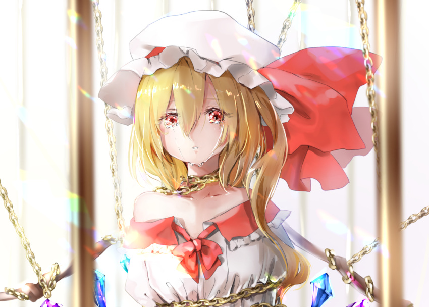 1girl bangs bare_shoulders blonde_hair bound bow chain chained collarbone commentary crying crying_with_eyes_open crystal flandre_scarlet frilled_shirt_collar frills hair_between_eyes hat hat_bow long_hair long_sleeves looking_at_viewer mob_cap off-shoulder_shirt off_shoulder one_side_up parted_lips red_bow red_eyes shironeko_yuuki shirt solo tears tied_up touhou upper_body white_headwear white_shirt wings