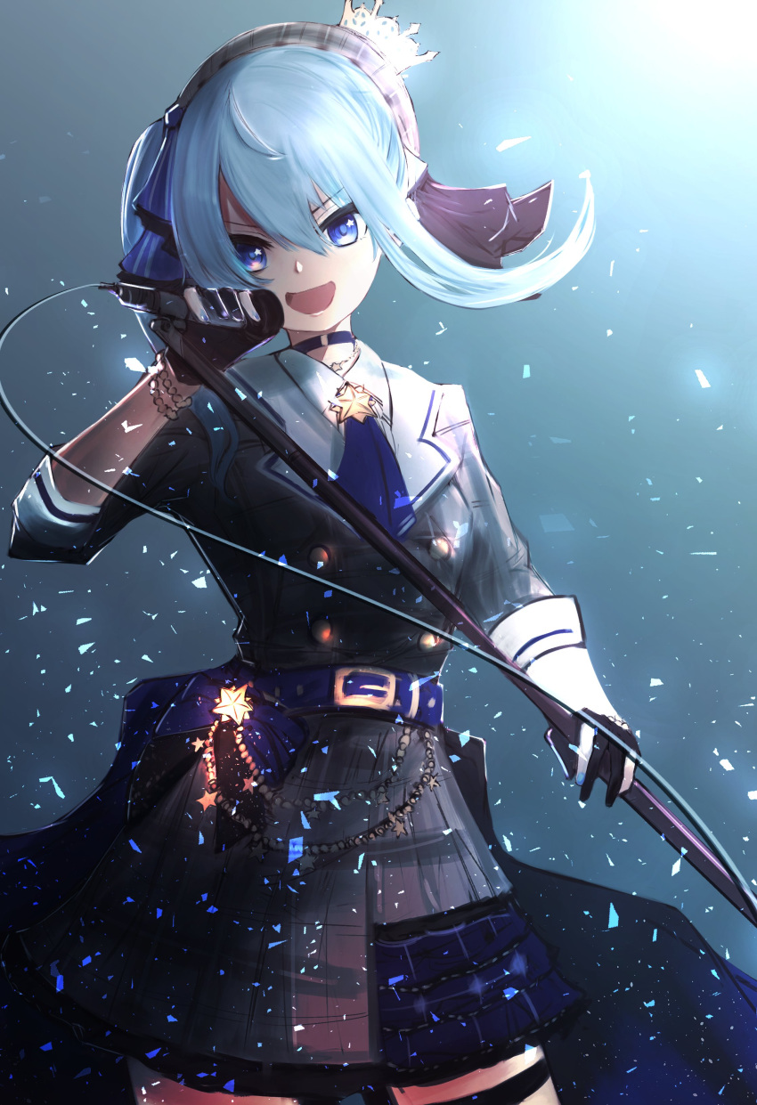 1girl absurdres bangs belt belt_buckle black_gloves blue_background blue_hair blue_neckwear blue_skirt bracelet brown_headwear buckle buttons cero421 choker crown dust gloves hair_between_eyes hat highres holding holding_microphone holding_microphone_stand hololive hoshimachi_suisei jewelry looking_back medium_hair microphone miniskirt music necklace necktie open_mouth shirt singing skirt solo star suisei_channel symbol-shaped_pupils virtual_youtuber