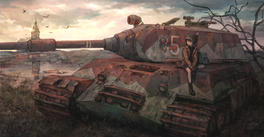 1girl bare_tree bird black_hair boots brown_jacket cannon caterpillar_tracks clouds cloudy_sky english_commentary ground_vehicle hat highres jacket military military_vehicle motor_vehicle original outdoors reflection rust scenery sitting sky tank tokunaga_akimasa tree tree_branch turret vehicle_request