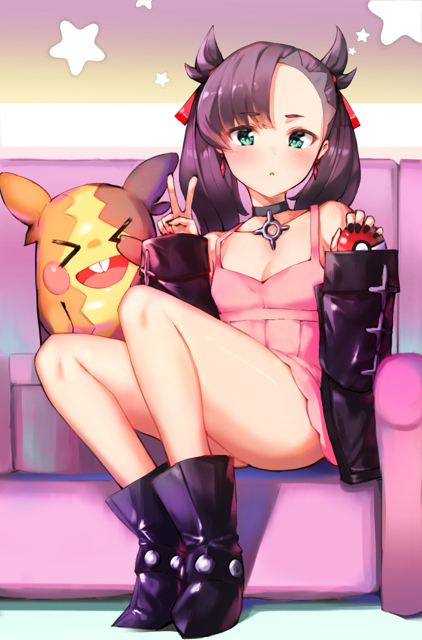 &gt;_&lt; 1girl absurdres aqua_eyes asymmetrical_bangs asymmetrical_hair bangs bare_shoulders black_footwear black_hair black_jacket black_nails blush breasts choker collarbone commentary_request dress earrings hair_ribbon highres holding holding_poke_ball jacket jewelry long_sleeves looking_at_viewer mary_(pokemon) morpeko open_clothes pink_dress poke_ball pokemon pokemon_(game) pokemon_swsh red_ribbon ribbon sitting small_breasts thighs twintails yoonsemo