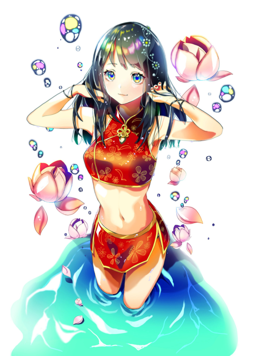 1girl aqua_eyes armpits arms_up bare_arms bare_shoulders black_hair breasts chinese_clothes commentary_request crop_top floral_print flower hair_ornament highres long_hair looking_at_viewer midriff miniskirt nail_polish navel okutani_toro original petals pink_flower red_nails red_shirt red_skirt shirt side_slit skirt sleeveless sleeveless_shirt small_breasts smile solo standing stomach thighs wading water white_background