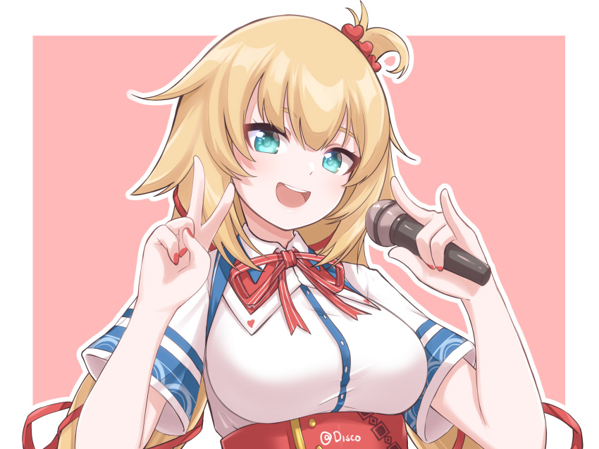 1girl akai_haato aqua_eyes bangs blonde_hair breasts collared_shirt commentary corset disco_brando english_commentary eyebrows_visible_through_hair hair_bobbles hair_ornament highres holding holding_microphone hololive large_breasts long_hair looking_at_viewer low_twintails microphone nail_polish neck_ribbon open_mouth red_nails red_ribbon ribbon shirt short_sleeves sidelocks simple_background smile solo tied_hair twintails twitter_username upper_body upper_teeth virtual_youtuber