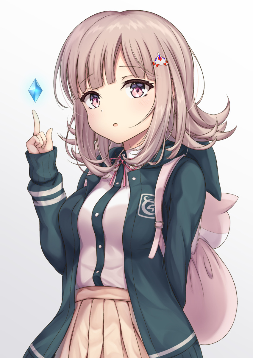 1girl backpack bag bangs between_breasts blunt_bangs blush breasts brown_hair brown_skirt commentary_request crystal dangan_ronpa eyebrows_visible_through_hair floating floating_object gradient gradient_background green_jacket grey_background hair_ornament highres index_finger_raised jacket long_sleeves medium_breasts medium_hair nanami_chiaki neck_ribbon necktie necktie_between_breasts open_clothes open_jacket pink_eyes pink_ribbon pleated_skirt ribbon skirt sleeves_past_wrists solo super_dangan_ronpa_2 y3010607