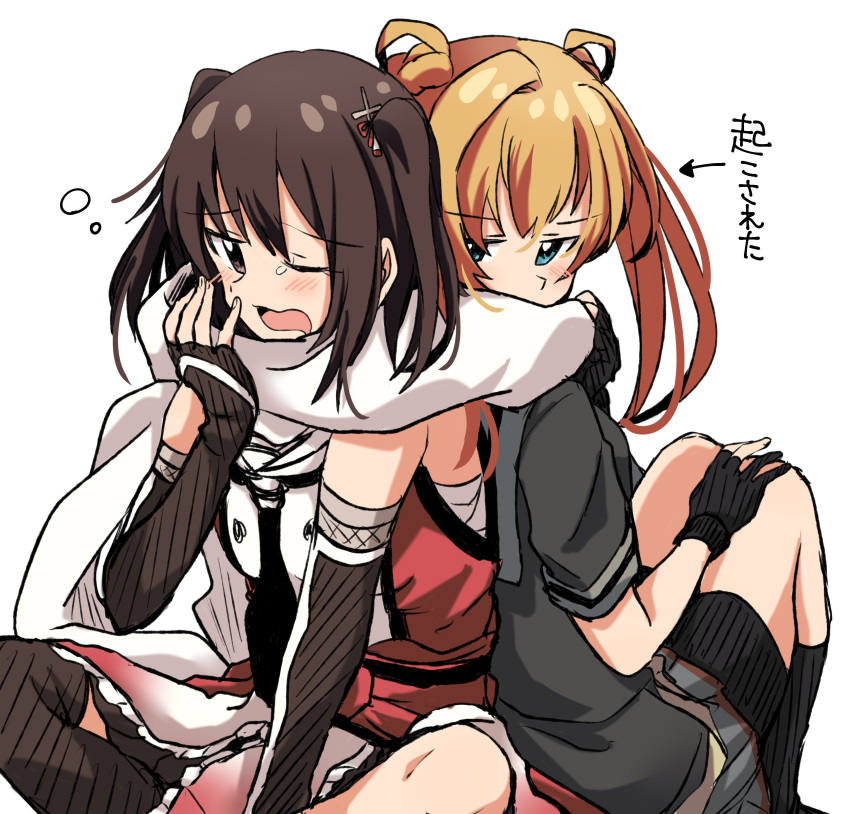 2girls absurdres abukuma_(kantai_collection) back-to-back bike_shorts black_gloves black_jacket black_neckwear black_skirt blonde_hair blue_eyes brown_eyes brown_hair commentary_request double_bun elbow_gloves fingerless_gloves gauntlets gloves grey_sailor_collar grey_skirt hair_rings highres jacket kantai_collection long_hair miiii multiple_girls neckerchief open_mouth partly_fingerless_gloves remodel_(kantai_collection) sailor_collar scarf school_uniform sendai_(kantai_collection) serafuku shared_scarf short_sleeves shorts shorts_under_skirt simple_background single_thighhigh sitting skirt tears thigh-highs translated two_side_up white_background white_scarf yawning