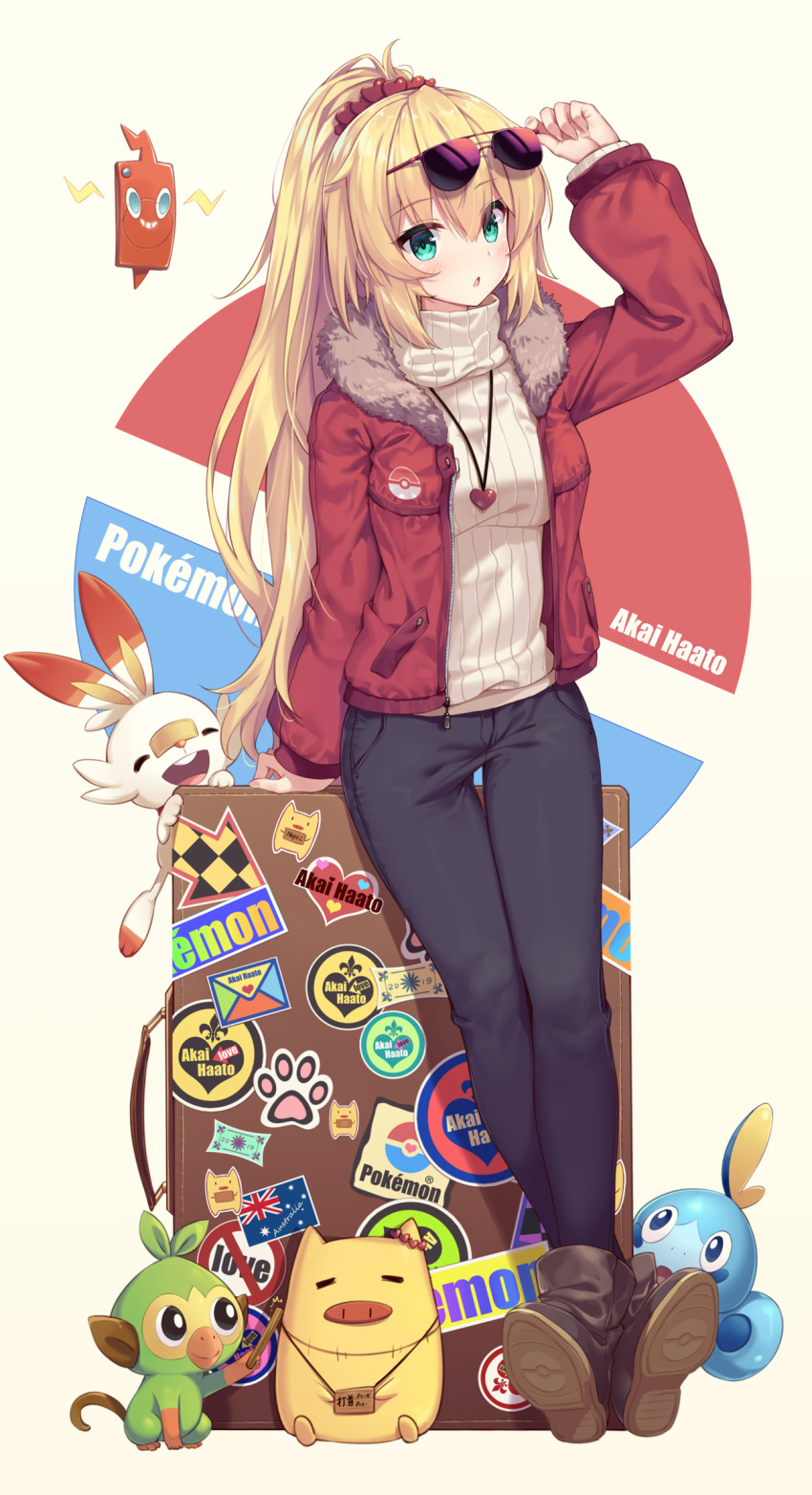 1girl adjusting_eyewear akai_haato arm_up bangs beige_background black_pants blonde_hair blush boots brown_footwear character_name commentary_request copyright_name crossover eyebrows_visible_through_hair eyewear_on_head fur-trimmed_jacket fur_trim gen_8_pokemon green_eyes grookey hair_between_eyes hair_ornament heart heart_hair_ornament high_ponytail highres hololive jacket long_hair long_sleeves neps-l open_clothes open_jacket pants parted_lips pokemon pokemon_(creature) ponytail puffy_long_sleeves puffy_sleeves red_jacket ribbed_sweater rotom_phone scorbunny shoe_soles sidelocks sleeves_past_wrists sobble suitcase sunglasses sweater turtleneck turtleneck_sweater very_long_hair virtual_youtuber white_sweater