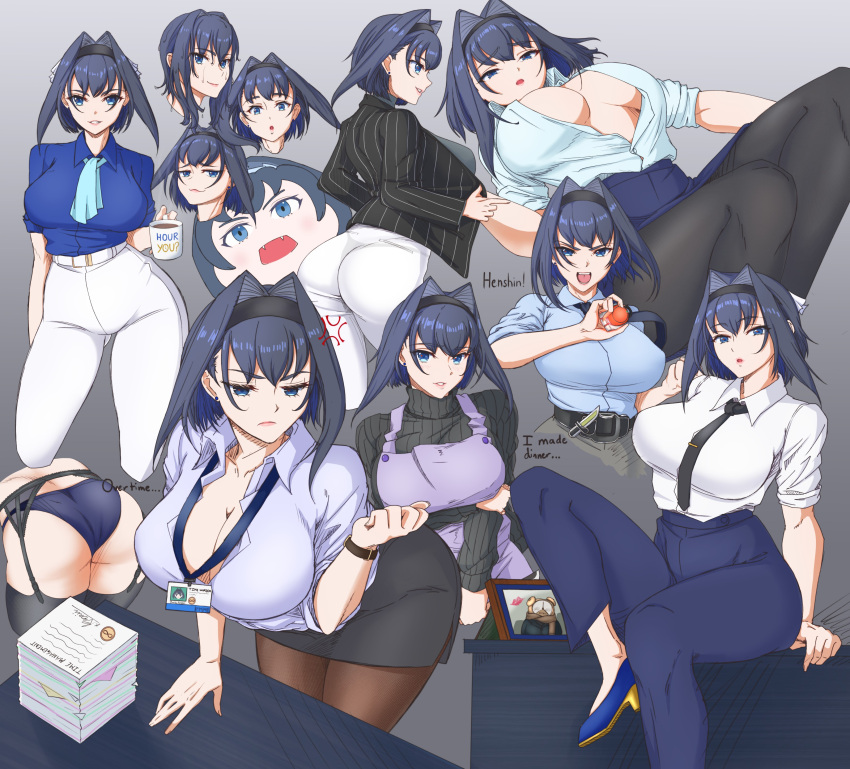 1girl absurdres arm_support arm_under_breasts ass belt black_legwear black_necktie black_skirt black_sweater blue_eyes blue_footwear blue_hair blue_neckwear blue_panties blue_pants blue_shirt breasts closed_mouth collared_shirt fangs garter_straps gradient gradient_background hairband high_heels highres hololive hololive_english id_card lanyard large_breasts leaning_forward medium_hair miniskirt necktie office_lady open_mouth ouro_kronii panties pants pantyhose paper_stack partially_unbuttoned picture_(object) pinstripe_pattern purple_apron shirt sitting skirt sleeves_rolled_up striped sweater table tadpolejackson thigh-highs turtleneck turtleneck_sweater underwear white_pants