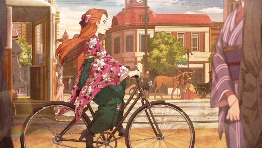 bicycle brown_hair idolmaster_million_live!_theater_days kimono long_hair minase_iori red_eyes smile