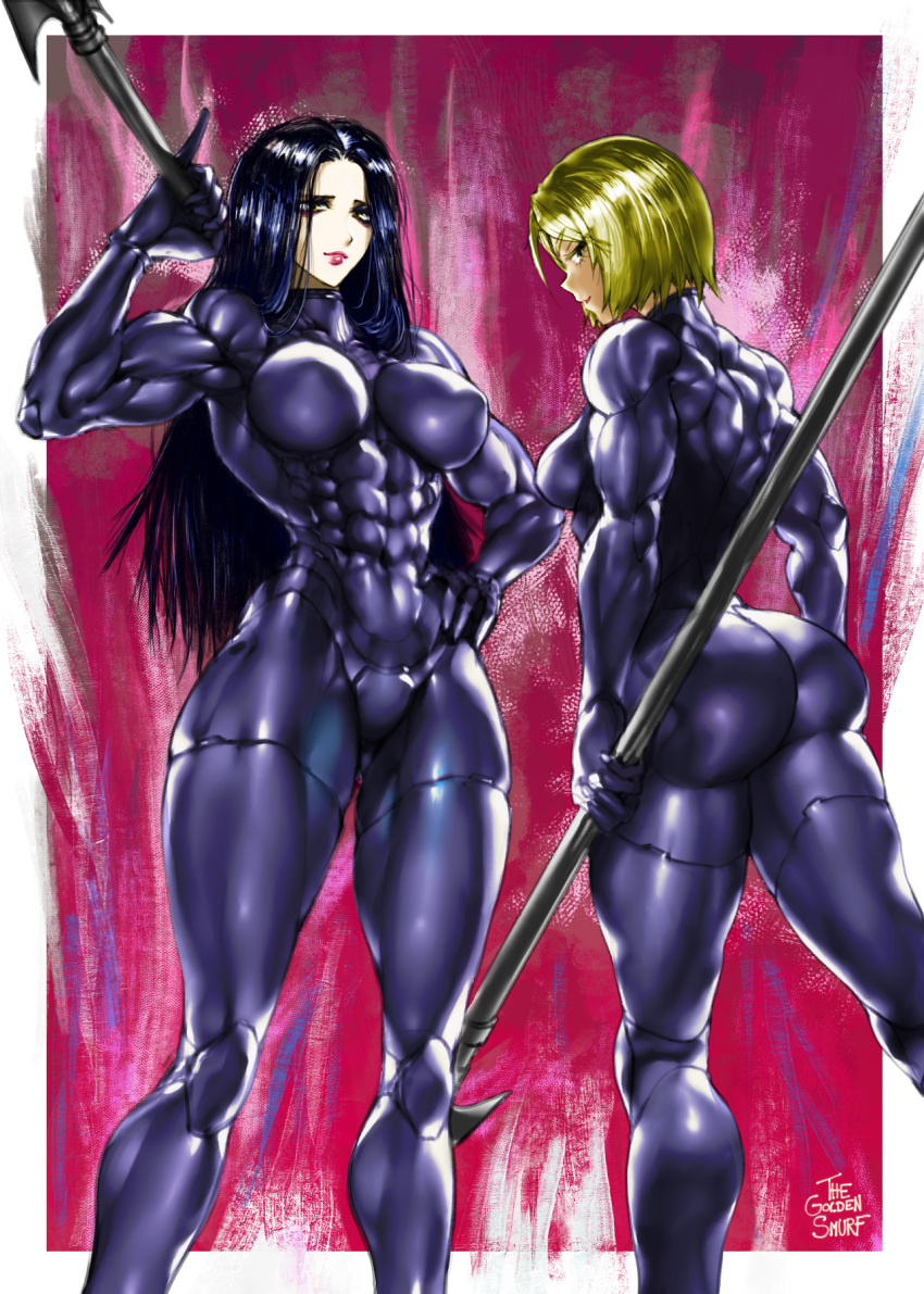 2girls ass black_hair blonde_hair bodysuit breasts character_request from_behind gloves hand_on_hip highres large_breasts lipstick long_hair looking_at_viewer makeup medium_breasts multiple_girls muscle muscular_female one-punch_man polearm short_hair signature smile spear the_golden_smurf weapon yellow_eyes