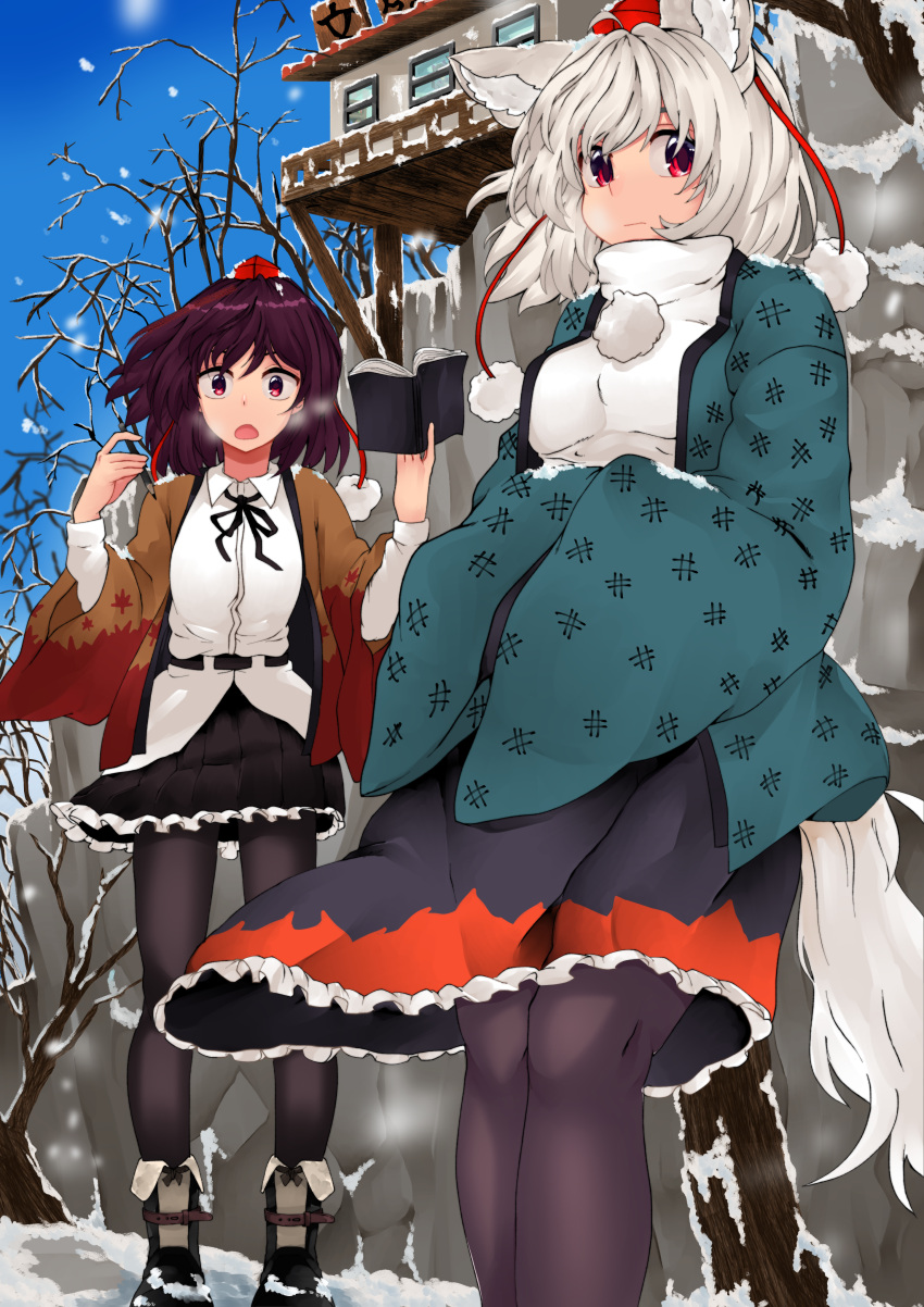 2girls absurdres animal_ears bangs black_footwear black_hair black_legwear black_neckwear black_skirt blue_background blush book boots breath brown_jacket building clear_sky closed_mouth collared_shirt commentary day frilled_skirt frills frown green_jacket hands_in_opposite_sleeves haori hat highres holding holding_book holding_pen inubashiri_momiji jacket japanese_clothes light_frown long_sleeves looking_at_viewer medium_skirt miniskirt multiple_girls neck_ribbon open_mouth pantyhose pen pleated_skirt pom_pom_(clothes) print_jacket print_skirt red_eyes red_headwear ribbon shameimaru_aya shirokaba114 shirt short_hair silver_hair skirt snow standing stone_wall tail tokin_hat touhou tree turtleneck wall white_shirt wide_sleeves wind winter wolf_ears wolf_tail