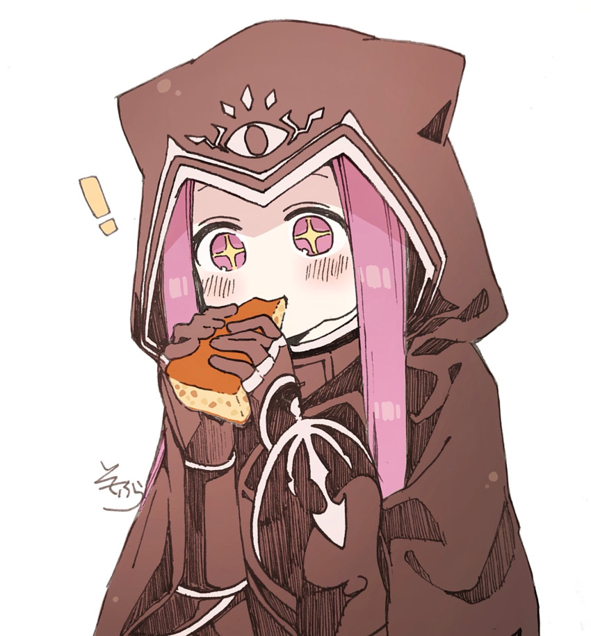 ! +_+ 1girl animal_ears animal_hood black_cloak black_gloves blush cloak closed_mouth eating fake_animal_ears fate/grand_order fate_(series) food gloves hands_up highres holding holding_food hood hood_up hooded_cloak long_hair medusa_(lancer)_(fate) purple_hair rider sidelocks signature simple_background sofra solo upper_body violet_eyes white_background