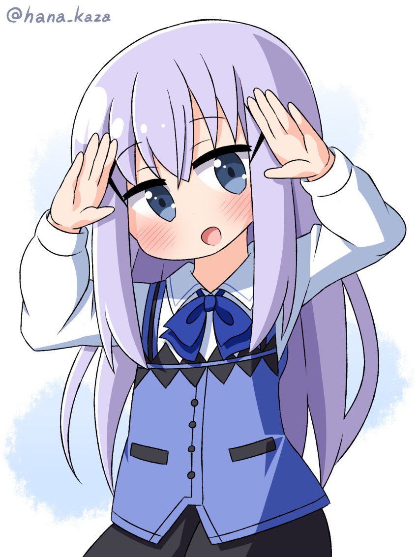 1girl :d arms_up bangs black_skirt blue_bow blue_eyes blue_vest blush bow collared_shirt commentary_request eyebrows_visible_through_hair gochuumon_wa_usagi_desu_ka? hair_between_eyes hana_kazari highres kafuu_chino long_hair long_sleeves looking_at_viewer open_mouth purple_hair rabbit_house_uniform shirt skirt smile solo twitter_username uniform very_long_hair vest waitress white_shirt