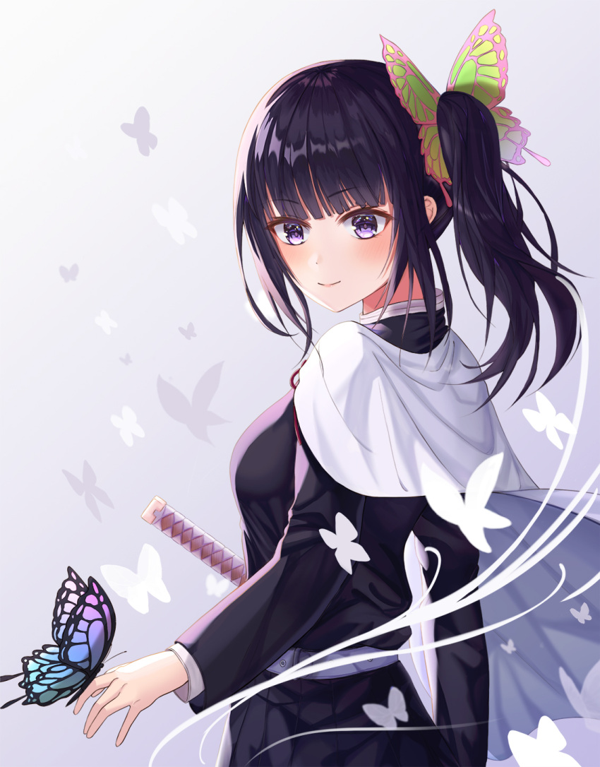 1girl bangs black_hair black_jacket blunt_bangs blush butterfly_hair_ornament butterfly_on_hand capelet closed_mouth eyebrows_visible_through_hair fhxha0927 from_side hair_ornament highres jacket katana kimetsu_no_yaiba long_hair long_sleeves sheath sheathed shiny shiny_hair side_ponytail smile solo standing sword tsuyuri_kanao violet_eyes weapon white_background white_capelet