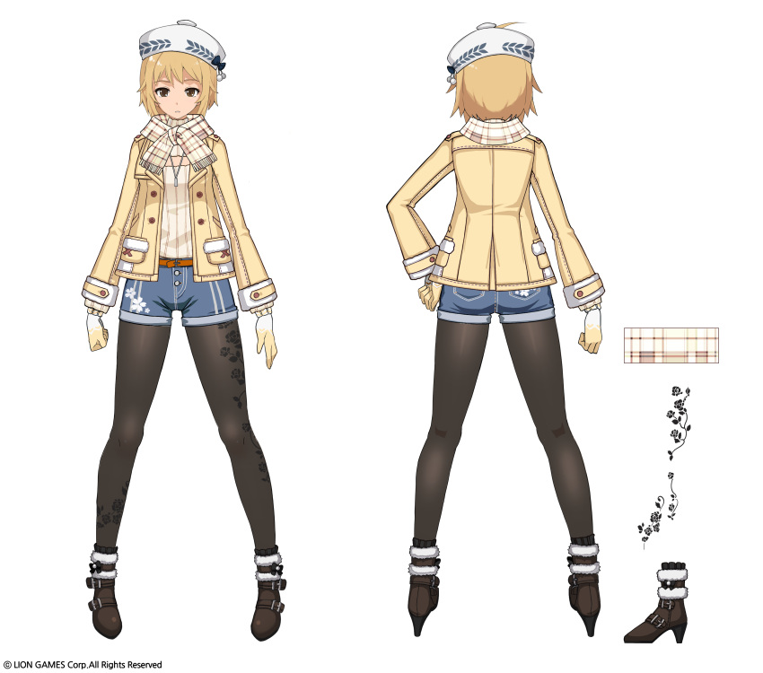 1girl absurdres black_legwear blonde_hair blue_shorts boots brown_eyes brown_footwear brown_gloves brown_jacket cleavage_cutout floral_print fringe_trim fur-trimmed_boots fur_trim gloves grey_headwear haru_estia hat high_heel_boots high_heels highres jacket kyjsogom legwear_under_shorts long_sleeves looking_at_viewer meme_attire multiple_views official_art open-chest_sweater open_clothes open_jacket pantyhose plaid plaid_scarf print_legwear ribbed_sweater rose_print scarf short_hair short_shorts shorts simple_background soul_worker standing sweater turnaround watermark white_background white_sweater