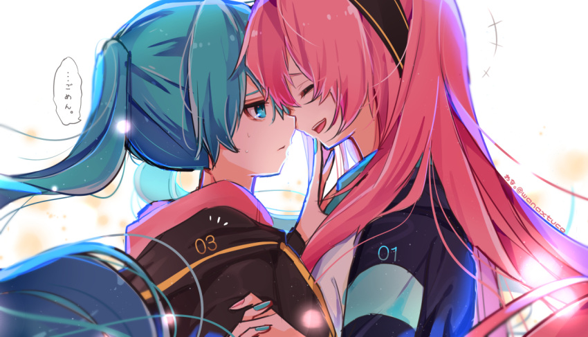 +++ 2girls aqua_eyes aqua_hair aqua_nails blurry bokeh closed_eyes depth_of_field expressionless face-to-face facing_another hairband half-closed_eyes hatsune_miku heart holding_hands hood hooded_jacket interlocked_fingers jacket long_hair looking_at_viewer megurine_luka multiple_girls nail_polish number_print open_mouth pink_hair pink_nails portrait smile speech_bubble sweatdrop touching_another's_chin twintails twitter_username very_long_hair vocaloid wanaxtuco white_background yuri