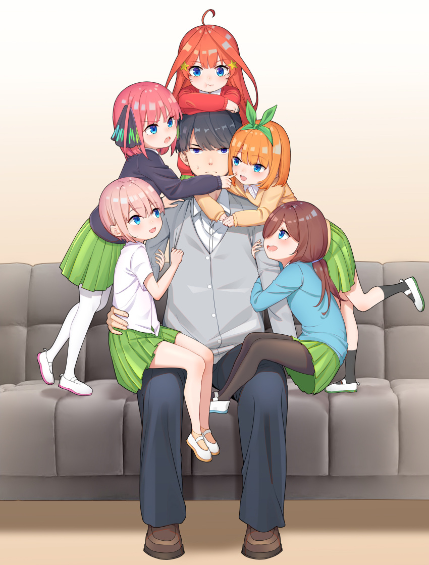 1boy 5girls :d :t age_difference ahoge arm_hug bangs black_hair black_jacket black_legwear black_pants black_ribbon blue_eyes blue_sweater blush brown_footwear brown_hair brown_sweater cheek_poking closed_mouth collared_shirt commentary_request couch crossed_arms dress_shirt girl_sandwich go-toubun_no_hanayome green_ribbon green_skirt grey_jacket hair_ornament hair_ribbon highres jacket kongbai loafers multiple_girls nakano_ichika nakano_itsuki nakano_miku nakano_nino nakano_yotsuba on_couch open_mouth orange_hair pants pantyhose pink_hair pleated_skirt poking pout quintuplets redhead ribbon sandwiched shirt shoes short_hair short_sleeves siblings sisters sitting skirt smile socks standing standing_on_one_leg star star_hair_ornament sweat sweater time_paradox two_side_up uesugi_fuutarou upper_teeth uwabaki v-shaped_eyebrows wavy_mouth white_footwear white_legwear white_shirt younger