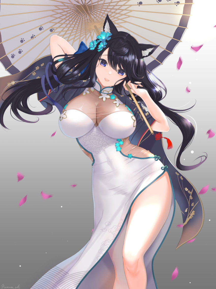 1girl animal_ears azur_lane bangs black_hair blue_eyes breasts cat_ears china_dress chinese_clothes contrapposto covered_navel dress flower fusou_(azur_lane) fusou_(spring's_celebration)_(azur_lane) hair_flower hair_ornament highres holding large_breasts long_hair long_sleeves looking_at_viewer nanam_(nanam_sk) open_mouth smile solo umbrella wide_sleeves