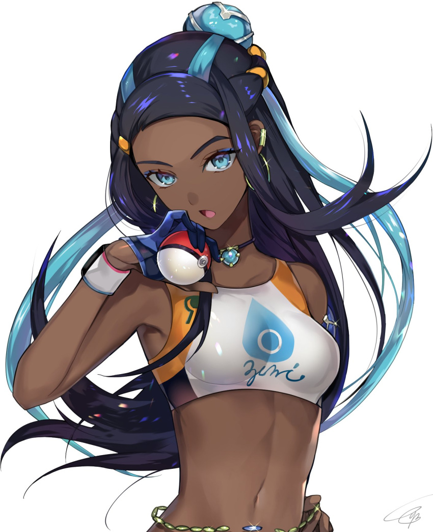 1girl bare_shoulders black_hair blue_eyes blue_gloves blue_hair breasts commentary_request crop_top dark_skin earrings forehead glint gloves hair_bun highres hoop_earrings jewelry long_hair multicolored_hair navel necklace open_mouth pokemon pokemon_(game) pokemon_swsh rurina_(pokemon) signature single_glove small_breasts solo stomach sweatband tcb two-tone_hair upper_body very_long_hair