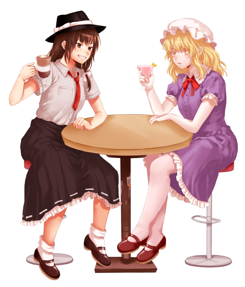2girls artist_request bangs black_footwear black_headwear black_skirt blonde_hair blush bow breast_pocket brown_eyes brown_footwear brown_hair cup dress drinking_glass eyebrows_visible_through_hair fedora frilled_shirt_collar frills full_body grin hand_up hat hat_bow highres holding holding_cup long_hair looking_at_viewer maribel_hearn mary_janes mob_cap multiple_girls neck_ribbon necktie pantyhose parted_lips petticoat pocket puffy_short_sleeves puffy_sleeves purple_dress red_neckwear red_ribbon ribbon shirt shoes short_hair short_sleeves sidelocks sitting skirt smile socks table touhou transparent_background usami_renko white_bow white_headwear white_legwear white_shirt wine_glass wing_collar yellow_eyes