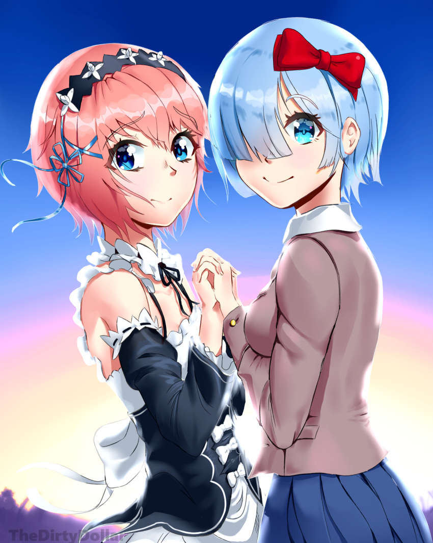 2girls artist_name backlighting bangs bare_shoulders blue_eyes blue_hair blue_ribbon blue_skirt blue_sky bow brown_jacket commentary cosplay costume_switch day detached_sleeves doki_doki_literature_club english_commentary eyebrows_visible_through_hair eyes_visible_through_hair frilled_sleeves frills hair_bow hair_ornament hair_over_one_eye hair_ribbon highres holding_hands interlocked_fingers jacket long_sleeves maid maid_headdress multiple_girls outdoors pink_hair pleated_skirt re:zero_kara_hajimeru_isekai_seikatsu red_bow rem_(re:zero) rem_(re:zero)_(cosplay) ribbon sayori_(doki_doki_literature_club) sayori_(doki_doki_literature_club)_(cosplay) school_uniform short_hair skirt sky smile thedirtydollar trait_connection white_bow x_hair_ornament