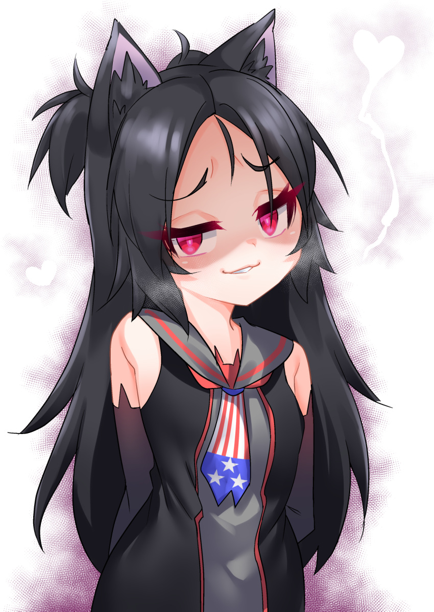 1girl american_flag american_flag_print animal_ear_fluff animal_ears arms_behind_back azur_lane bangs bare_shoulders black_dress black_gloves black_hair breasts cat_ears commentary_request covered_navel dark_persona dress elbow_gloves eyebrows_visible_through_hair flag_print gloves glowing glowing_eyes grey_sailor_collar heart heavy_breathing highres kirisame_mia long_hair looking_at_viewer parted_bangs parted_lips print_neckwear sailor_collar sailor_dress sims_(azur_lane) sleeveless sleeveless_dress small_breasts solo two_side_up upper_body very_long_hair violet_eyes