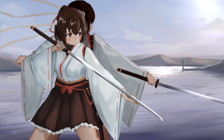 2girls 73suke absurdres back-to-back blue_sky brown_eyes brown_hair brown_hakama clouds cowboy_shot hair_ribbon hakama hakama_skirt headband highres hyuuga_(kantai_collection) ise_(kantai_collection) japanese_clothes kantai_collection kimono mountain multiple_girls outdoors ponytail remodel_(kantai_collection) ribbon scenery short_hair sky standing sunrise sword undershirt water weapon white_kimono