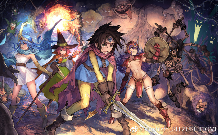 4girls arm_up armor artist_name bikini_armor blue_hair boots breasts brown_hair cape clenched_teeth dragon_quest dragon_quest_iii dress elbow_gloves fighting fireball gloves green_eyes hair_between_eyes hat headgear highres large_breasts long_hair mage_(dq3) mephist-pheles monster multiple_girls navel pink_eyes pink_hair purple_hair roto sage_(dq3) shield short_hair skeleton soldier_(dq3) staff standing sweat sword teeth tiara under_boob weapon weibo_username witch_hat