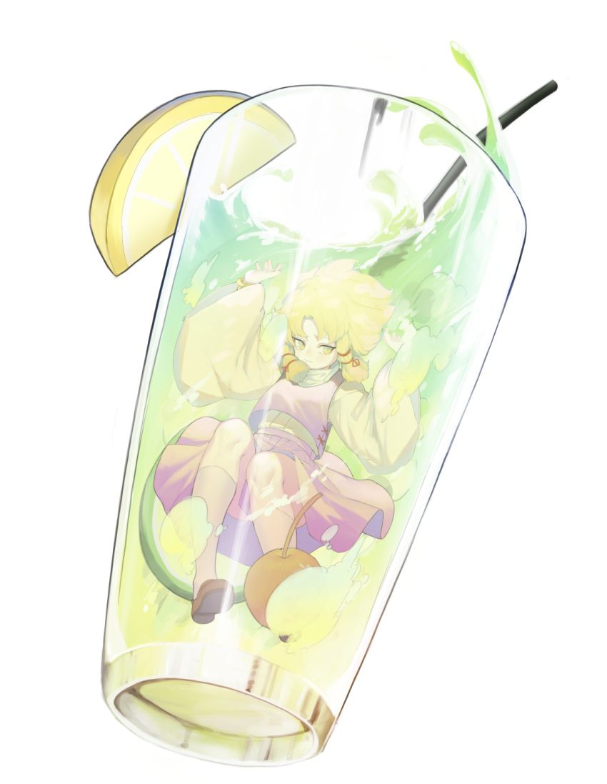 1girl bangs blonde_hair brown_footwear cherry cup drinking_glass drinking_straw food fruit hair_ribbon hands_up heoningu highres in_container in_cup kneehighs lemon lemon_slice long_sleeves looking_at_viewer miniskirt moriya_suwako no_hat no_headwear purple_skirt purple_vest red_ribbon ribbon shirt shoes short_hair sidelocks skirt skirt_set solo touhou transparent_background vest white_legwear white_shirt yellow_eyes