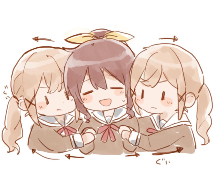 3girls :d bang_dream! bangs blonde_hair blush brown_hair chibi closed_eyes dual_persona girl_sandwich hair_ornament hair_ribbon hamu_(hamusand) hanasakigawa_school_uniform ichigaya_arisa long_sleeves multiple_girls neck_ribbon open_mouth pulling red_neckwear ribbon sandwiched school_uniform sidelocks smile upper_body white_background x_hair_ornament yamabuki_saaya yellow_ribbon |_|