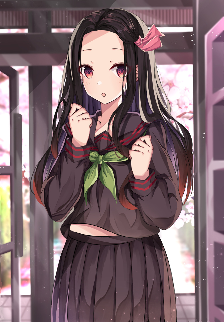 1girl :o absurdres black_hair black_sailor_collar black_serafuku black_shirt black_skirt blush cherry_blossoms commentary_request day forehead gradient_hair green_neckwear hair_ribbon highres kamado_nezuko kimetsu_no_yaiba long_sleeves looking_at_viewer multicolored_hair neckerchief norazura open_mouth orange_hair pink_ribbon pleated_skirt ribbon sailor_collar school_uniform serafuku shirt skirt solo violet_eyes