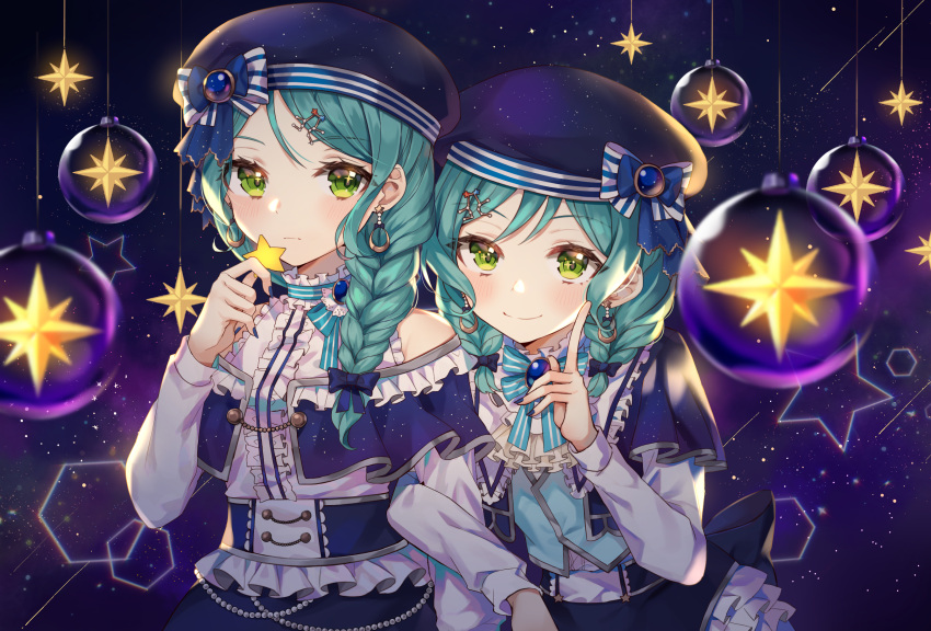 2girls alternate_hairstyle aqua_hair bang_dream! beret black_nails blue_capelet blue_headwear blue_ribbon blue_vest bow braid brooch capelet center_frills churi_(oxxchurixxo) constellation_hair_ornament corset earrings green_eyes hair_over_shoulder hat hat_bow highres hikawa_hina hikawa_sayo holding_star index_finger_raised jewelry locked_arms long_sleeves looking_at_viewer multiple_girls neck_ribbon print_hat ribbon shooting_star siblings single_braid sisters skirt star starry_background starry_sky_print striped striped_ribbon twins upper_body vest