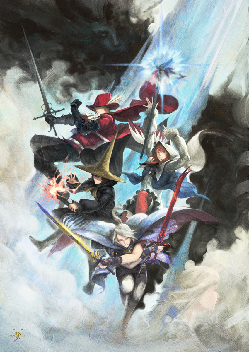 3boys 3girls absurdres animal_hood arc_(ff3) aria_benett black_mage blonde_hair brown_hair cape cat_hood cloud_of_darkness clouds dark_clouds edward_tsang final_fantasy final_fantasy_iii hat hat_feather highres hood ingus looking_at_viewer luneth midair multiple_boys multiple_girls onion_knight ponytail red_headwear red_mage refia scarf silver_hair smile staff sword weapon white_mage wizard_hat