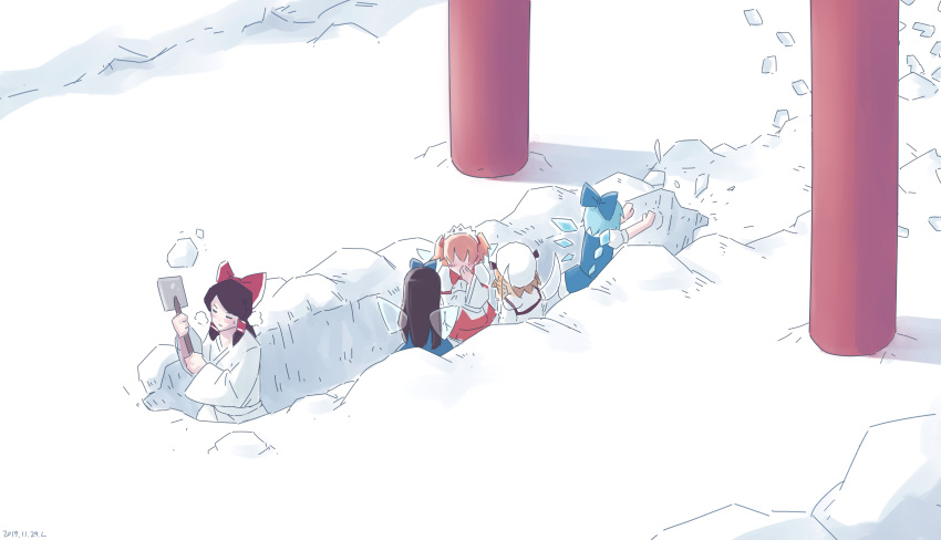 absurdres blonde_hair blue_dress blue_hair blue_ribbon bow cirno closed_eyes dress drill_hair fairy_wings hair_bow hakurei_reimu hat highres japanese_clothes kimono long_hair luna_child multiple_girls ribbon royl short_hair snow snow_shovel star_sapphire sunny_milk torii touhou white_kimono wings