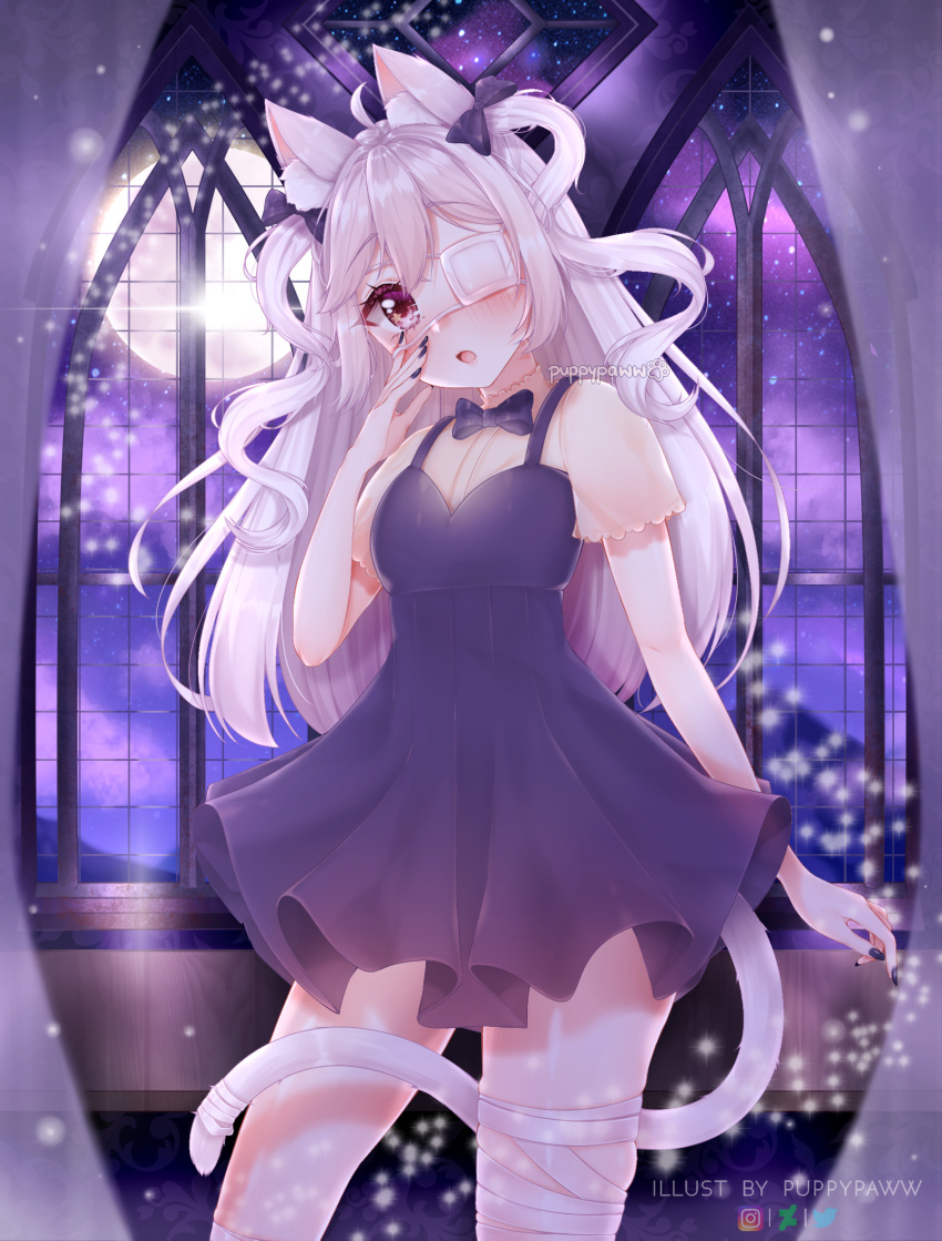 1girl ahoge artist_name bandaged_leg bandages bangs blush bow breasts cat cat_tail commission deviantart_logo dress eyebrows_visible_through_hair eyepatch hair_bow highres indoors instagram_logo large_breasts long_hair looking_at_viewer moon night original puppypaww purple_bow purple_dress purple_nails short_sleeves solo tail twitter_logo white_eyepatch