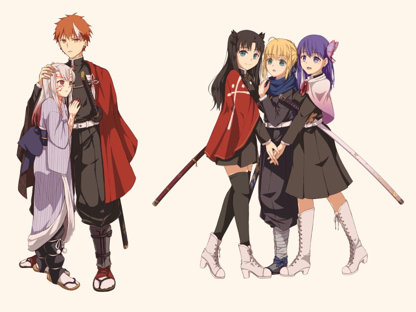 1boy 1girl 4girls absurdres ahoge artoria_pendragon_(all) avpg7332 bangs black_hair blonde_hair blue_eyes braid breasts checkered_obi cosplay crossover dress earrings emiya_shirou excalibur eyebrows_visible_through_hair fate/hollow_ataraxia fate/stay_night fate_(series) feathers green_eyes hair_between_eyes hair_feathers hair_ornament hair_ribbon haori highres horn illyasviel_von_einzbern japanese_clothes jewelry kamado_nezuko kamado_tanjirou kamado_tanjirou_(cosplay) kimetsu_no_yaiba kimono kochou_shinobu kochou_shinobu_(cosplay) long_hair looking_at_viewer matou_sakura multicolored_hair multiple_girls orange_hair purple_hair red_eyes red_ribbon ribbon saber short_hair silver_hair smile tagme tohsaka_rin toosaka_rin two_side_up type-moon ufotable violet_eyes weapon white_hair yellow_eyes